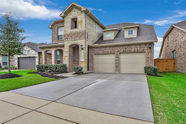 view of front of house with brick siding, concrete driveway, stone siding, roof with shingles, and a front yard