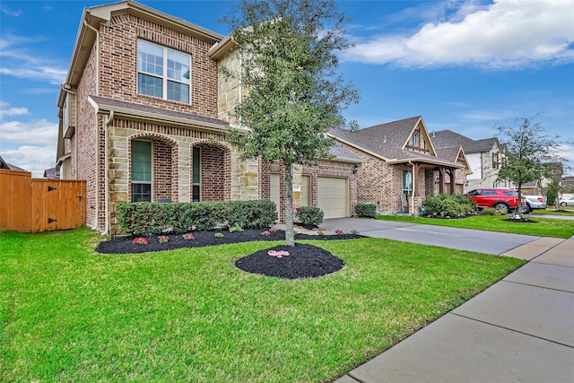 view of front of home featuring a garage, driveway, brick siding, and a front yard