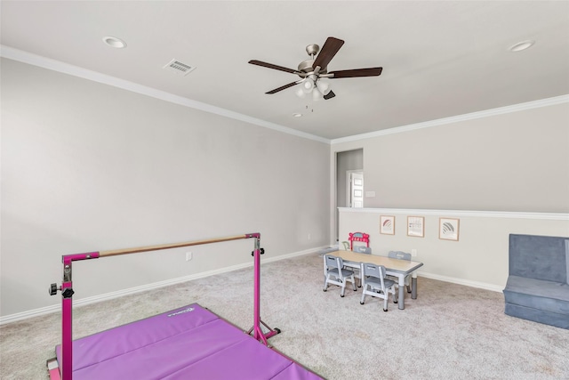 playroom with carpet floors, visible vents, and baseboards