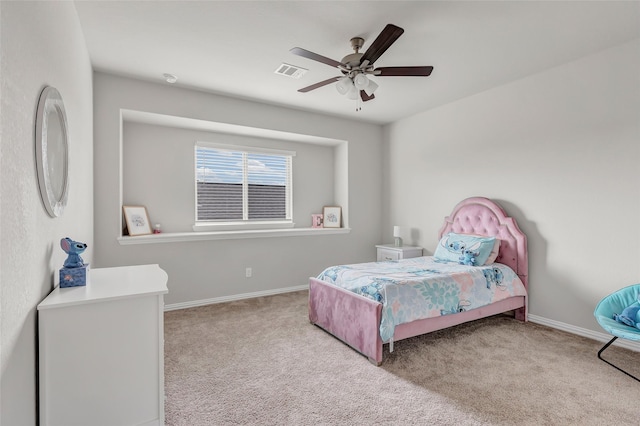 bedroom with a ceiling fan, carpet, visible vents, and baseboards