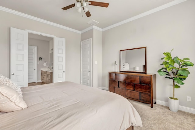 bedroom with ornamental molding, carpet flooring, visible vents, and baseboards