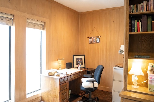 office with a healthy amount of sunlight and wood walls