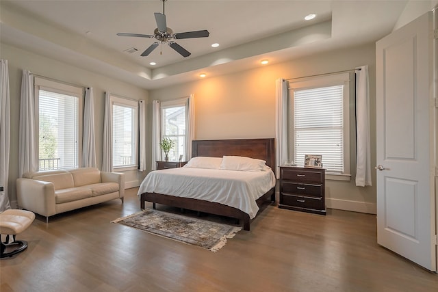 2217 W Main St, Houston, TX 77098 - bedroom featuring wood finished floors, a tray ceiling, multiple windows, recessed lighting, and a ceiling fan