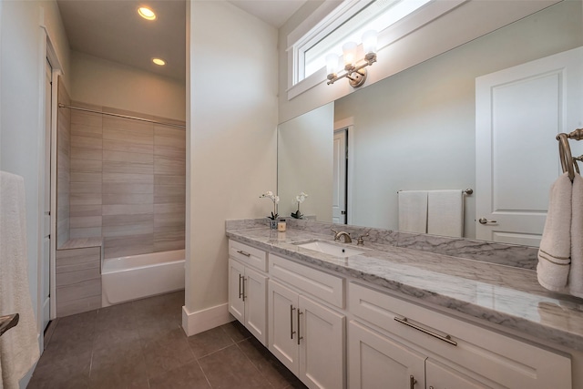 bathroom with tile patterned flooring, recessed lighting, vanity, baseboards, and shower / washtub combination