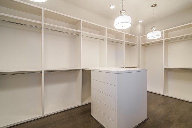 walk in closet with dark wood-style flooring