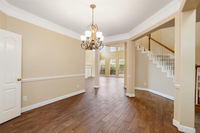 empty room with crown molding, baseboards, stairs, dark wood-style floors, and an inviting chandelier