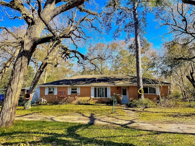 ranch-style home with a front yard and brick siding