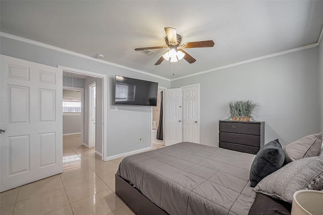 bedroom with ceiling fan, baseboards, crown molding, and light tile patterned flooring