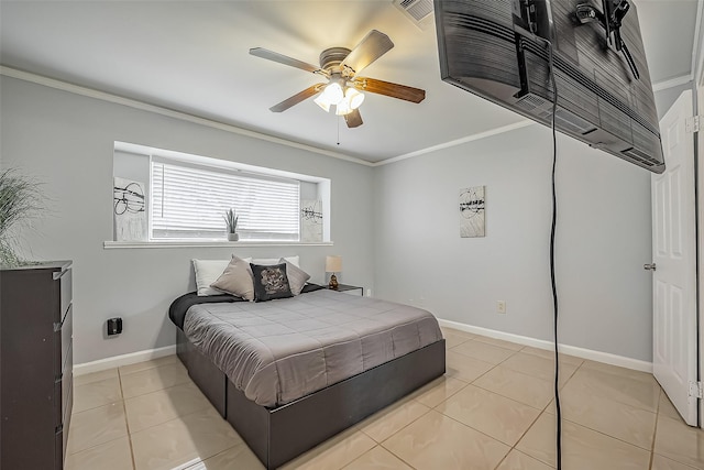 bedroom with light tile patterned floors, a ceiling fan, baseboards, visible vents, and crown molding