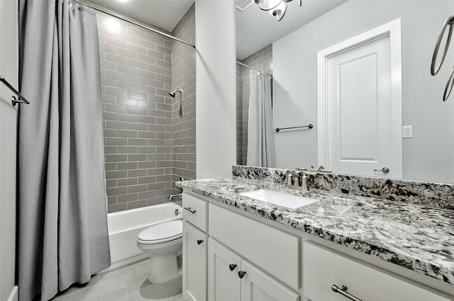 full bath featuring toilet, shower / bathtub combination with curtain, tile patterned flooring, and vanity