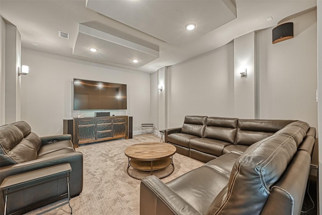 living room featuring baseboards, visible vents, carpet flooring, and recessed lighting