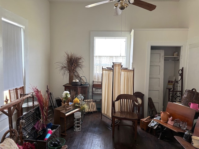 living area featuring wood-type flooring and a ceiling fan