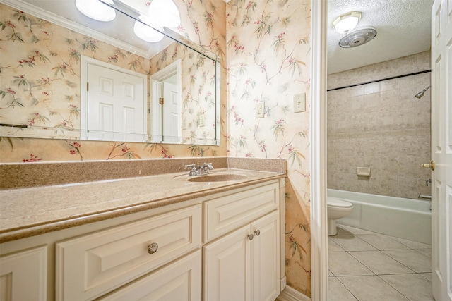 full bathroom featuring wallpapered walls, tile patterned floors, a textured ceiling, and vanity