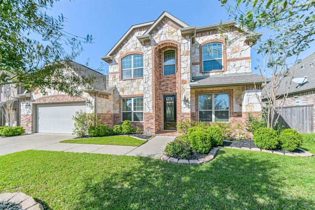 view of front of house featuring brick siding, fence, concrete driveway, and a front yard