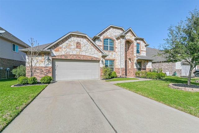 french provincial home featuring a garage, concrete driveway, brick siding, and a front lawn