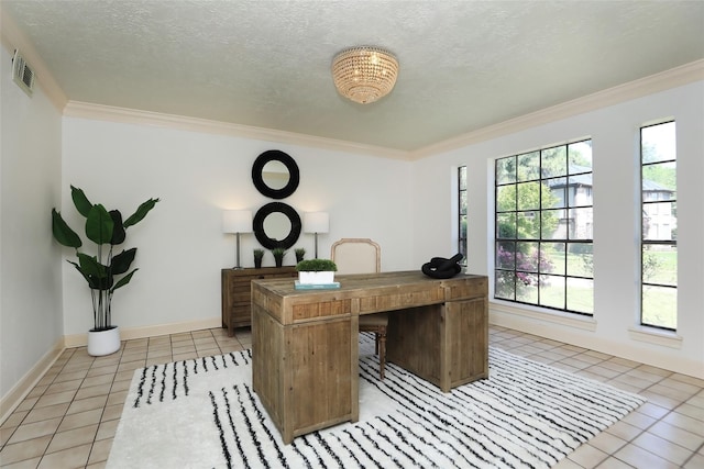 home office featuring a healthy amount of sunlight, light tile patterned floors, and crown molding