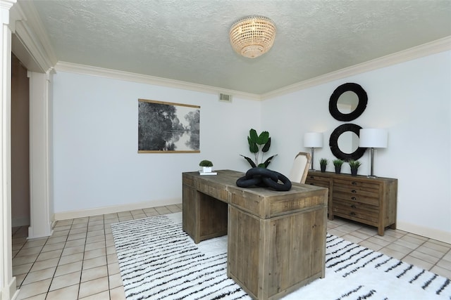 office with ornamental molding, a textured ceiling, and light tile patterned floors