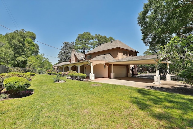 view of front of property with driveway, a garage, fence, a carport, and a front yard