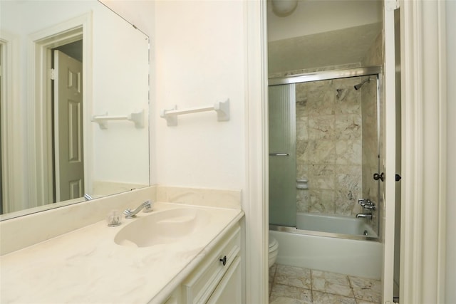 full bath with toilet, enclosed tub / shower combo, and vanity