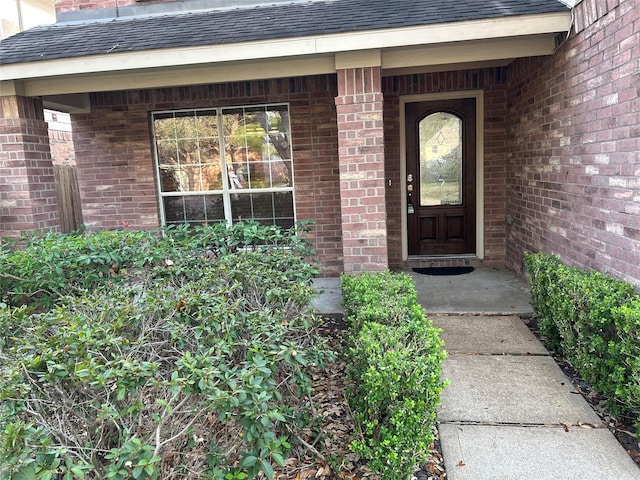 entrance to property featuring a shingled roof and brick siding