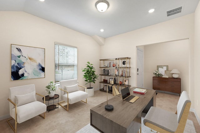 office space featuring vaulted ceiling, baseboards, visible vents, and recessed lighting