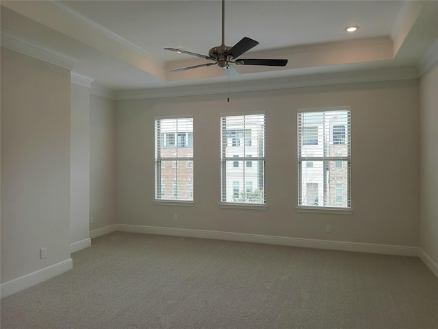 spare room featuring baseboards, ornamental molding, and a raised ceiling