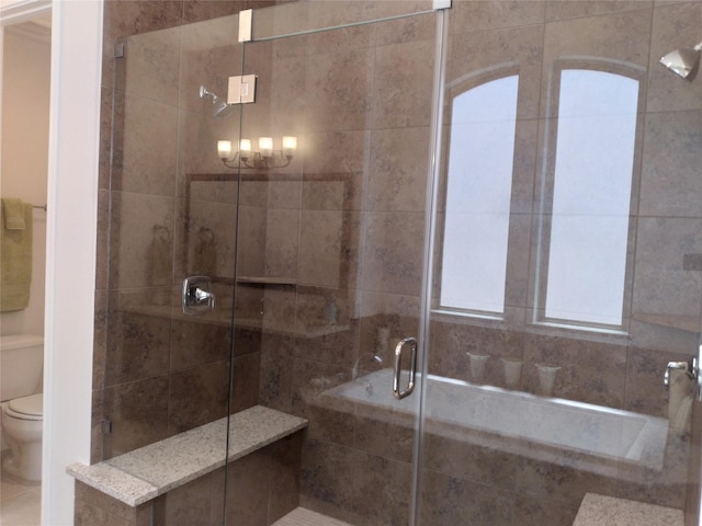 full bathroom featuring a stall shower and toilet