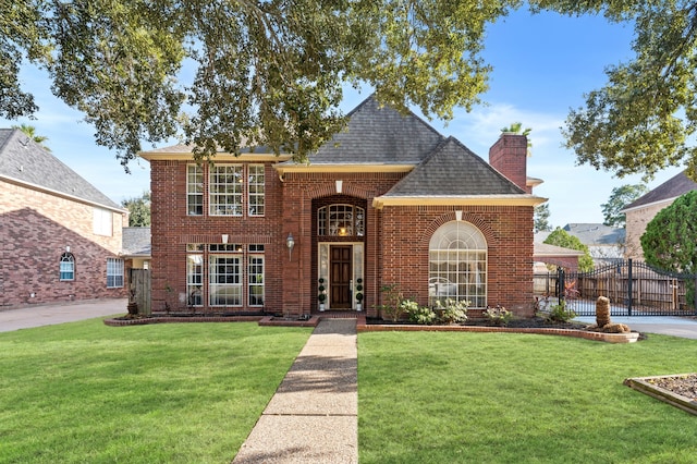 traditional-style home with brick siding, a shingled roof, a chimney, fence, and a front yard