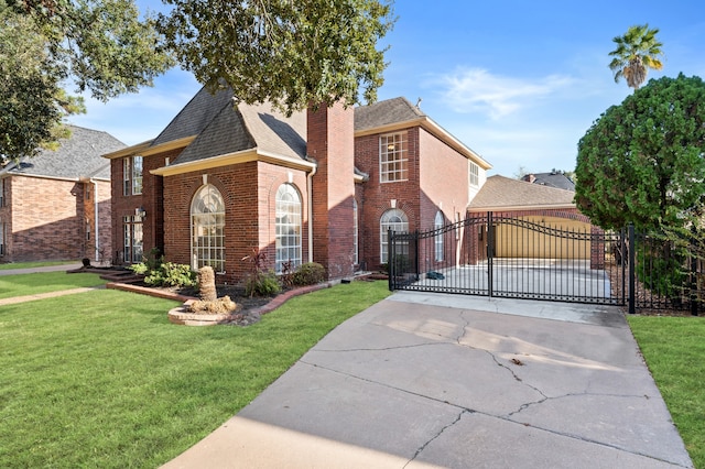 view of front of property with brick siding, roof with shingles, a front yard, and a gate