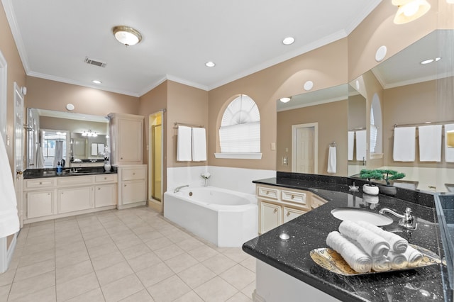 bathroom featuring tile patterned flooring, crown molding, a shower stall, and a bath