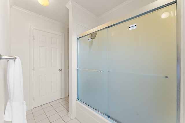 full bathroom featuring tile patterned flooring, enclosed tub / shower combo, and ornamental molding