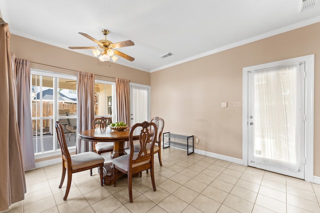 dining room featuring ornamental molding, visible vents, and a ceiling fan