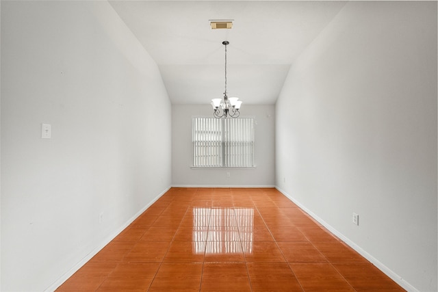 unfurnished room featuring baseboards, tile patterned flooring, visible vents, and an inviting chandelier