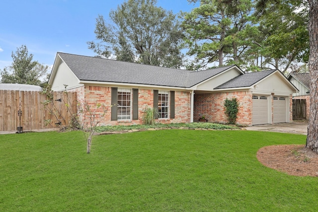 ranch-style home with a garage, concrete driveway, fence, a front lawn, and brick siding