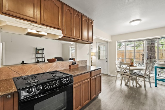 kitchen with brown cabinets, under cabinet range hood, light wood finished floors, and black electric range oven