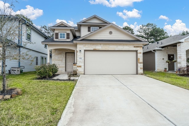 view of front of house with a garage, stone siding, concrete driveway, and a front yard