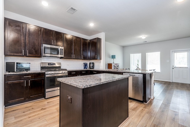 kitchen featuring a peninsula, a kitchen island, appliances with stainless steel finishes, decorative backsplash, and light wood finished floors