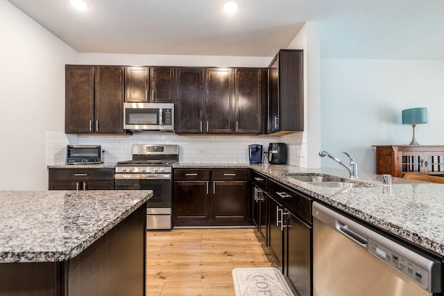 kitchen featuring backsplash, light wood-style flooring, stainless steel appliances, and a sink