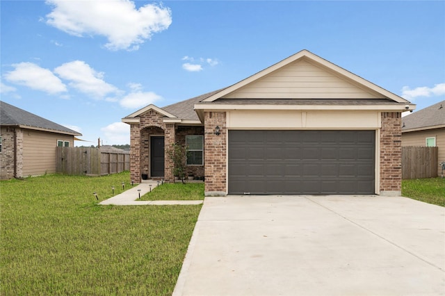 ranch-style house with driveway, a garage, brick siding, fence, and a front yard