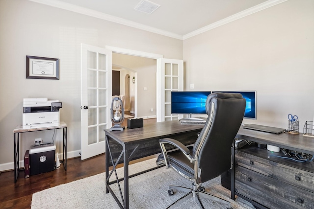 office area featuring visible vents, crown molding, french doors, wood finished floors, and arched walkways