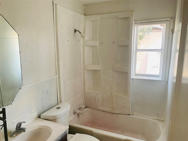 bathroom with toilet, shower / bath combination, a wealth of natural light, and vanity