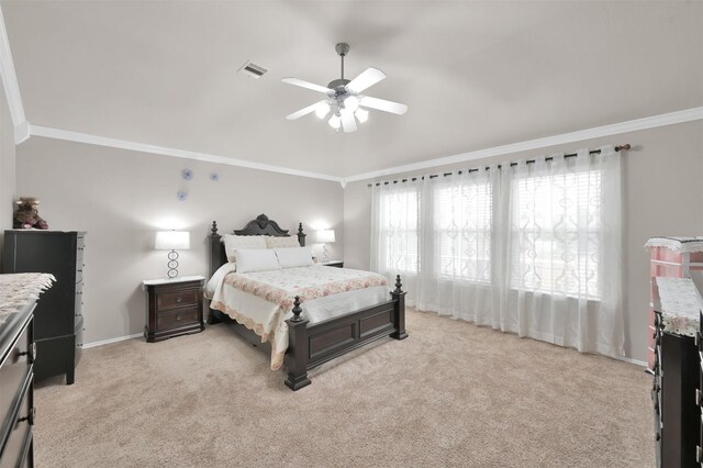 bedroom with visible vents, ornamental molding, light carpet, ceiling fan, and baseboards