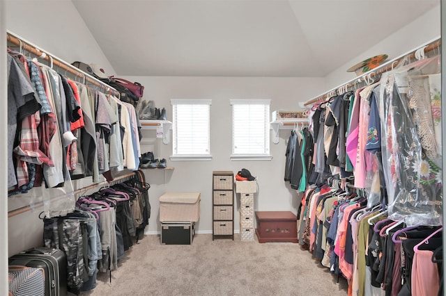 spacious closet with carpet floors and vaulted ceiling