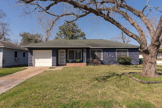 single story home with driveway, an attached garage, and a front lawn