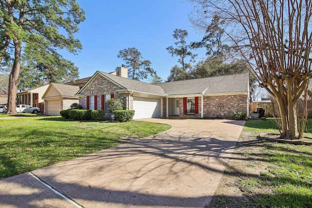 ranch-style home featuring a garage, brick siding, a front lawn, and a chimney