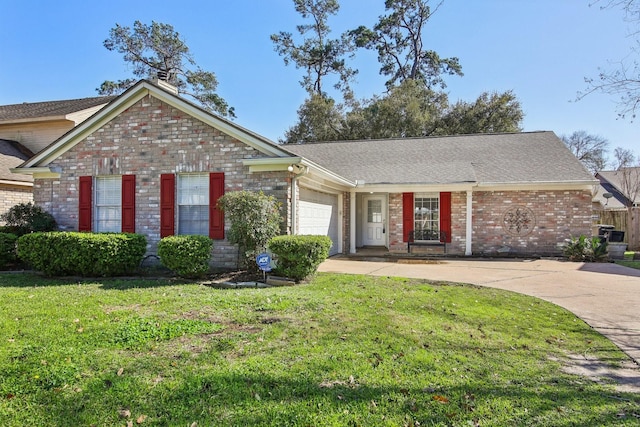 ranch-style home with a garage, brick siding, driveway, roof with shingles, and a front lawn