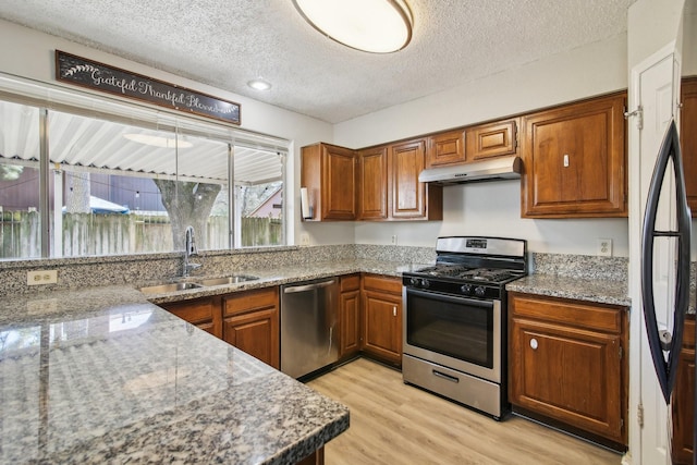 kitchen featuring under cabinet range hood, stainless steel appliances, a sink, light wood-type flooring, and brown cabinetry