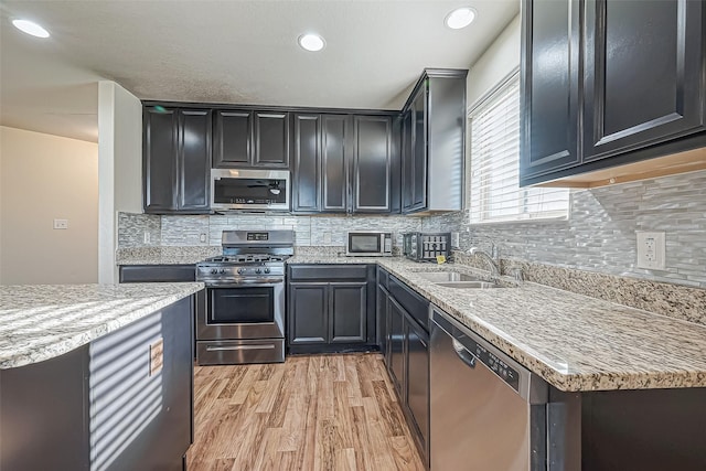 kitchen with stainless steel appliances, light wood-type flooring, a sink, and backsplash