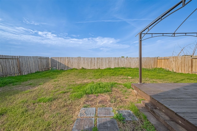 view of yard featuring a deck and a fenced backyard