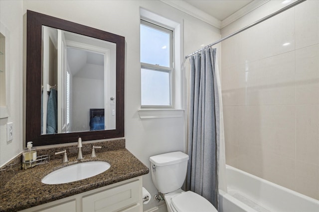 full bathroom featuring shower / bath combo, vanity, toilet, and crown molding